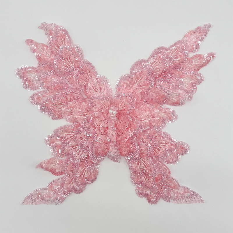 GCW-DH154 Pink Sequin Beaded Butterfly Applique for Bridal Dress